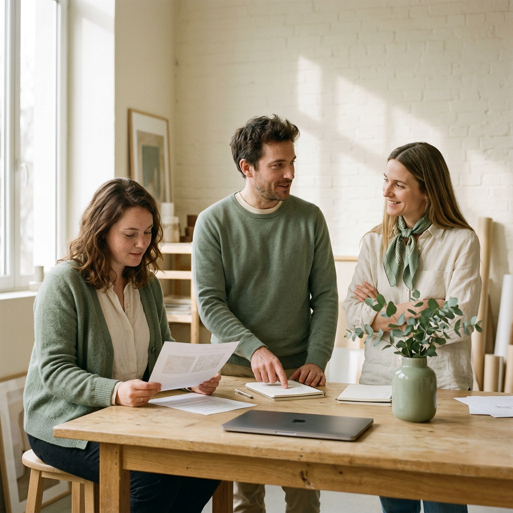 L'équipe Stello — Camille, Guillaume et Élise — autour d'une table de travail